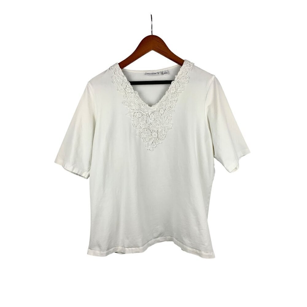 Susan Graver Womens Large White Cotton & Spandex Top With Crochet Lace Detail
